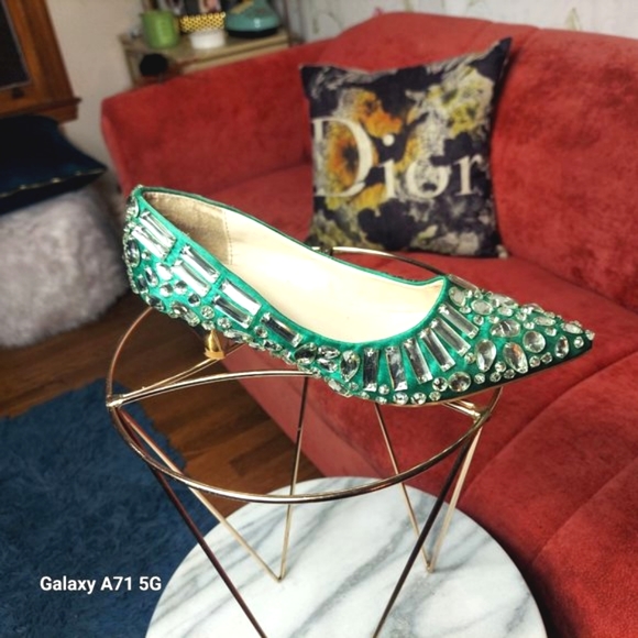 ASHRO Green Crystal Jewel Embellished kitten heel pumps sz 7.5 - Picture 3 of 13
